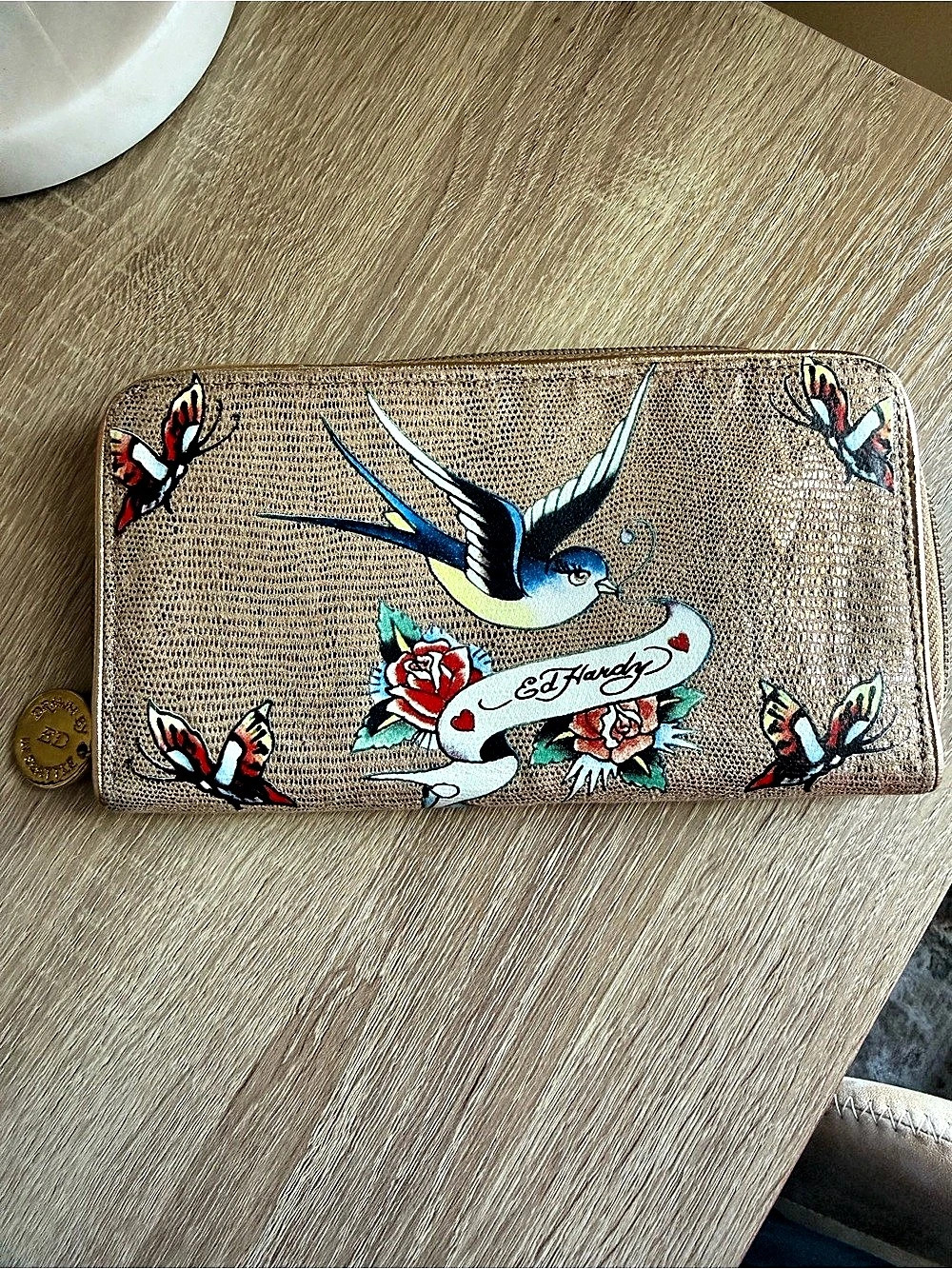 Ed Hardy Floral Zip-Around Wallet in Gold